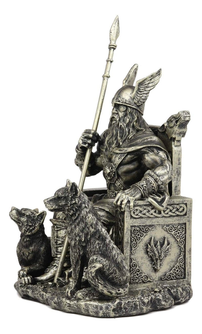Ebros Gift Norse Viking Mythology Odin The Alfather Sitting On A Throne with Two Wolf Dogs Statue Norselandic Folklore Thor Ragnarok Trilogy Wotan Decorative Figurine 10.5" High - Image 3